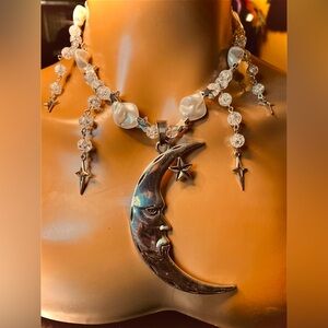 Pearl Half moon Crystal Choker Necklace Set In Plated Silver